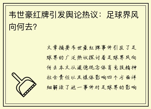 韦世豪红牌引发舆论热议：足球界风向何去？